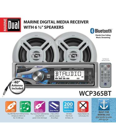Dual Electronics WCP365BT Marine Single DIN Stereo Receiver with AM/FM Tuner  Built-in Bluetooth  USB Port  Two 6.5 inch Dual Cone Marine Speakers & Marine Antenna Combo - Buy Online on GoSupps.com