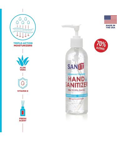 Sanit Moisturizing Hand Sanitizer Gel - 70% Alcohol - Kills 99.99% Germs - Vitamin E & Aloe Vera - 8 oz - 3 Pack - Made in USA - Fresh Scent - Buy Online on GoSupps.com