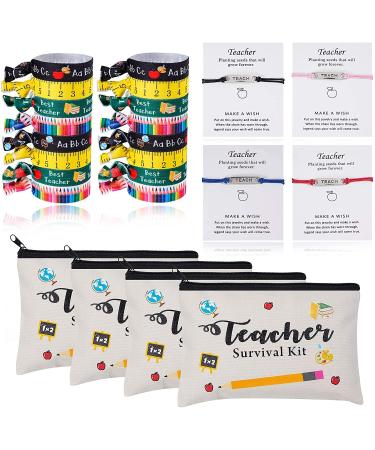48pcs Teacher Appreciation Gifts 8 Makeup Pouch Cosmetic Bag and 8 Teach Blessing Card Bracelets with Greeting Card and 32 Teacher Hair Ties No Crease Ribbon Hair Ties Elastic Ponytail Holder