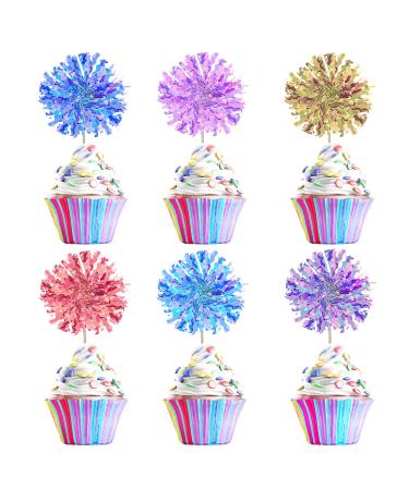 BlingABC 30Pack Foil Firework Cake Toppers 6 Colors Sparkle Tinsel Cupcake Topper Cocktail Picks Decoration for Birthday Wedding Ceremony Party Supplies