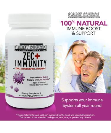 Planet Source ZEC+ Immunity - Adult Vitamins with Zinc Elderberry and Vitamin C - Natural Elderberry Immune Support Supplement for Healthy Living - 90 Count Veggie Capsules - Buy Online on GoSupps.com