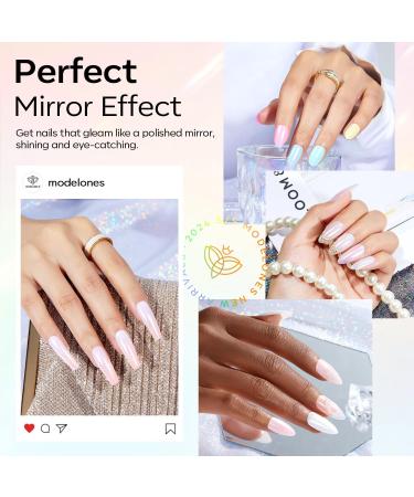 Modelones Chrome Nail Powder Set - White Pearl Effect 4Pcs Powder, Silicone Brush, Cotton Swabs & Color Display Sticks - Buy Online on GoSupps.com