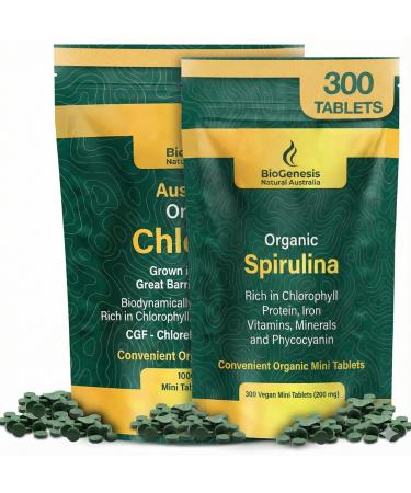 Biogenesis Ultimate Australian Greens Stack - Spirulina (300 Count) & Chlorella (1000 Count) Mini Tablets Australian Grown 200mg Algae Vegan Supplements for Energy Immunity & Natural Detox (1300
