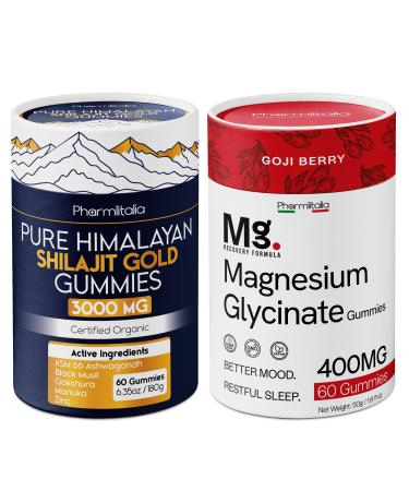 Magnesium Glycinate & Pure Himalayan Shilajit Gummies Bundle Sleep Muscle Recovery & Energy Vegan High Absorption Magnesium 400mg + Gold Shilajit Gummies for Stamina & Wellness 2 x 60 Count