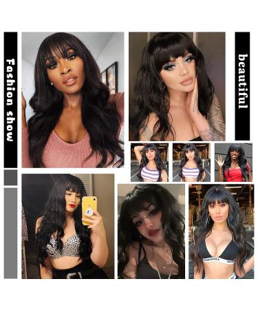 MERISIHAIR 24 Long Black Synthetic Wavy Wig with Bangs for Women - Heat Resistant, Cosplay Selena Style - Buy Online on GoSupps.com