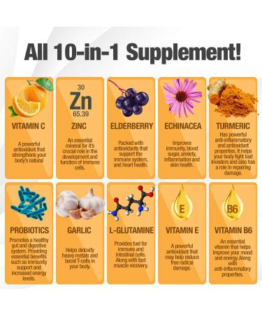 10-in-1 Immune Support Supplement with Vitamin C, Zinc, Elderberry, Echinacea, Turmeric & Probiotics - Dr. Approved Immunity Booster for Respiratory Health - Buy Online on GoSupps.com