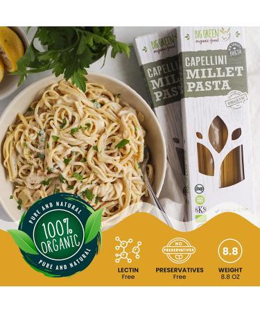 Big Green Organic Millet Capellini - Gluten-Free, Lectin-Free, Non-GMO, Vegan Pasta - 6g Protein - Wheat & Rice Alternative - 8.8oz - Buy Online on GoSupps.com