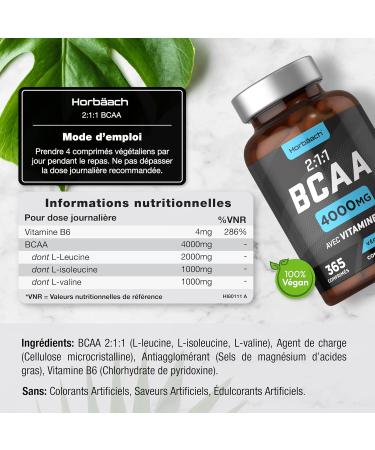 BCAA 2.1.1 4000mg | 365 Vegan Tablets (3 Months) | 2:1:1 Branched Chain Amino Acids L-Leucine L-Isoleucine L-Valine and Vitamin B6 | Pre Post Workout Dietary Supplement | by Horbaach - Buy Online on GoSupps.com