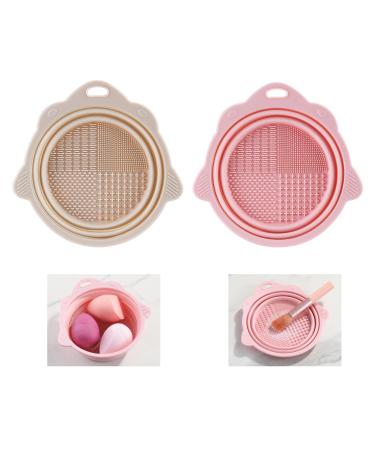 Makeup Brush Cleaner Bowl 2 Pieces Foldable Silicone Makeup Cleaning Tools for Brushes Sponge and Puff Portable Make up Brush Cleaner for Travel (Pink Gray)