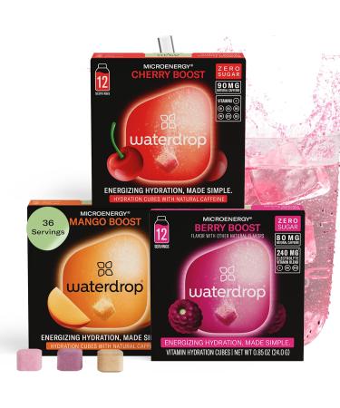Waterdrop Microenergy Set Energy Drink 36 Water Flavouring Hydration Cubes Sugar Free Low Calorie Fizzy Drinks 90 mg Natural Caffeine Vitamin C and B - Blackberry & Mango & Cherry - Pack Of 3