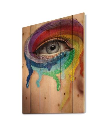 DesignQ Close Up Eye With Cry Colors In A Wheel Arround Modern & Contemporary Wood Wall Decor Multi-Color Wood Wall Art Large People Wood Wall Panels Printed On Natural Pine Wood Art