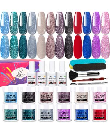 REDNEE 21 Pcs Fast Dry Dip Powder Nail Kit Starter - 12 Colors Mermaid Collection Purple Green Glitter Dipping Powder Nail Art Set for Salon Party No LED Nail Lamp Needed RE35
