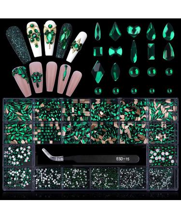 3100Pcs Green Nail Rhinestones Kit EBANKU 12 Types of 600 Nail