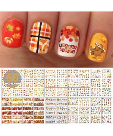 TailaiMei 60 Sheets Fall Nail Art Stickers Decals Thanksgiving Water Transfer Autumn Nail Decorations Design for Maple Leaves Pumpkin Turkey(1178 Pcs) Thanksgiving Day Water transfer 60 Sheets
