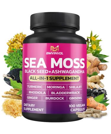 BMVINVOL Sea Moss Black Seed Shilajit Ashwagandha + Bladderwrack Ginger Moringa Turmeric Burdock Ginseng Rhodiola Rosea - 100 Capsules