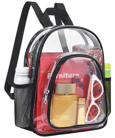 Lyingflat Clear Backpack Stadium Approved 12126, Small Clear Backpack with Water Bottle Pouch, Clear Mini Backpack for School Concert Sport Events Work Travel -Black