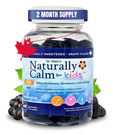 Dr. Klein's Naturally Calm Gummies For Kids. Grape Flavour. Relieves Restlessness & Nervousness. Includes Chamomile Extract and Large Leaf Linden Extract Plus Vitamins & Minerals to Support Stress Relief . Sugar Free. 30 Day Supply. 60 Gummies.