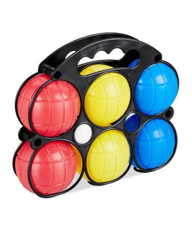 Relaxdays unisex youth game colors plastic & carrying basket relaxdays boccia game 6 petanque balls in 3 colors plastic with a target ball beam colorful h x b t approx. 19 22 7 cm EU