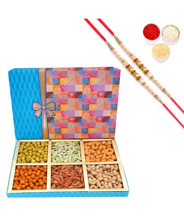Ghasitaram Gifts Rakhi Gifts for Brothers Dryfruit - Fruit n Nut 6 Parti Box of Crunchy Cashews Crunchy Peanuts and Flavoured Raisins 600 GMS with 2 Pearl Rakhis