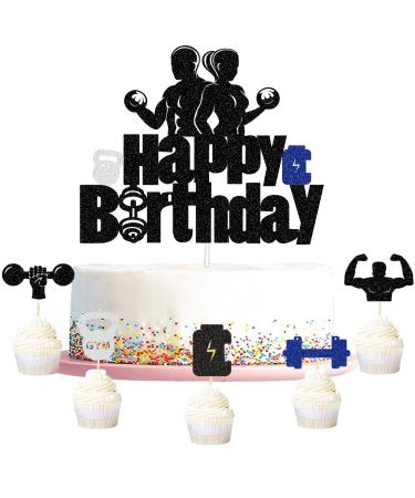 G-LOVELY'S Gym Happy Birthday Cake Toppers Glitter Fitness Themed Double Sided Cake Decorations Blue Silver Cupcake Toppers Kettlebell Dumbbell Energy Bottle Party Decor Supplies for Men Women Boys