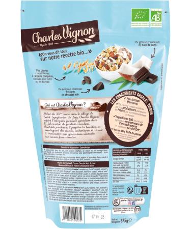 Charles Vignon - Organic Muesli Nuggets & Flakes - Chocolate Coconut - Palm Oil Free Rich in Fiber - Resealable Bag - 375g - Buy Online on GoSupps.com