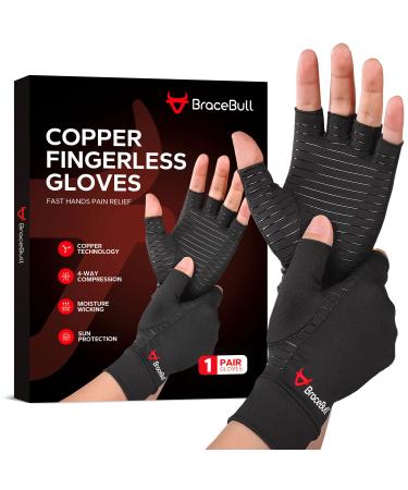 BraceBull Arthritis Gloves (2 Count), Copper Infused Fingerless Compression Gloves for Hand Pain, Carpal Tunnel, RSI, Rheumatoid, Tendonitis, and Relieve Muscle Pain for Women & Men (M, Black) Medium