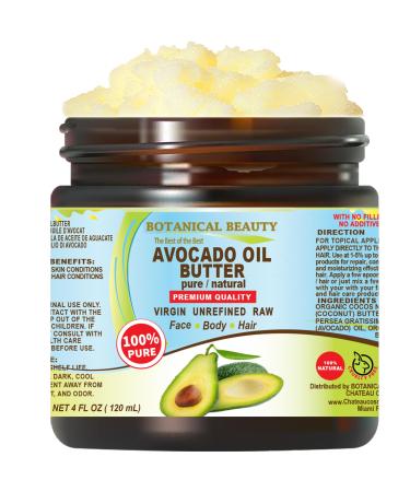Botanical Beauty AVOCADO OIL BUTTER 100% Pure Natural VIRGIN UNREFINED Cold-Pressed for Face Skin Body Hair Lip Nails. Rich in Vitamin E Omega 3 Omega 6 (4 Fl Oz) 4 Fl Oz (Pack of 1)