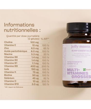 Jolly mama! Bump Essentials | Multi-Vitamines Grossesse | Avec Choline et Vitamine B9 Active Quatrefolic | Fabriqu en France | 100% Vegan I Cure 1 Mois 60 G lules - Buy Online on GoSupps.com