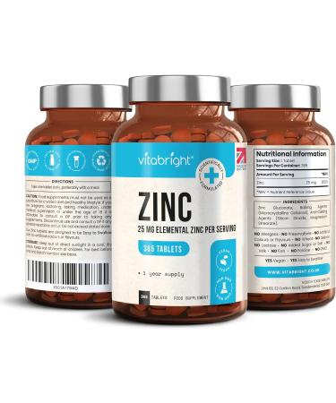 365 Vegan Zinc Tablets 25mg - High Strength Chelated Zinc Supplements for Immune System, Hair, Skin, Nails - 1 Year Supply by VitaBright - Buy Online on GoSupps.com