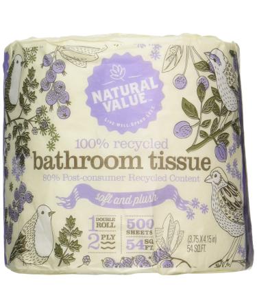 Natural Value 100% Recycled Bathroom Tissue, 500 2-Ply Sheets Per Roll (Pack of 48)