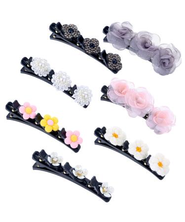 SENNI 7PCS Sparkling Crystal Stone Braided Hair Clips Hairpin Duckbill Clip with 3 Small Clips Flowers For Womens Girls (Style 3)