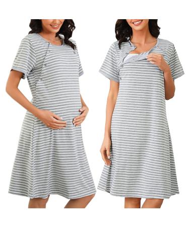 Sykooria Women's Maternity Nightdress Breastfeeding Nightwear Short Sleeve Nursing Nightgown Button Down Sleep Shirt V Neck Pajama Tops Soft Loungwear For Pregnant Women B - Stripe Light Grey L