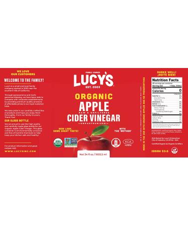 Lucy's Family Organic Raw Apple Cider Vinegar 34oz (2 Pack) - USDA Certified NonGMO, Unfiltered & Unpasteurized with the Mother - 100% Natural ACV - Buy Online on GoSupps.com