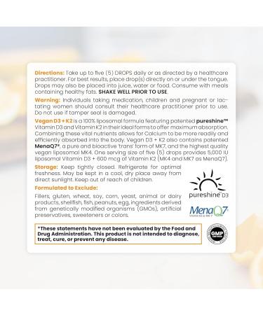 Pure Therapro Rx Vegan D3 + K2 Organic 100% Liposomal 20ml Made in USA | 6 Month Supply | Maximum Absorption Vitamin D3 and Vitamin K2 Supplements for Men and Women D3 Vitamin 5000 IU 0.68 Fl Oz (Pack of 1) - Buy Online on GoSupps.com