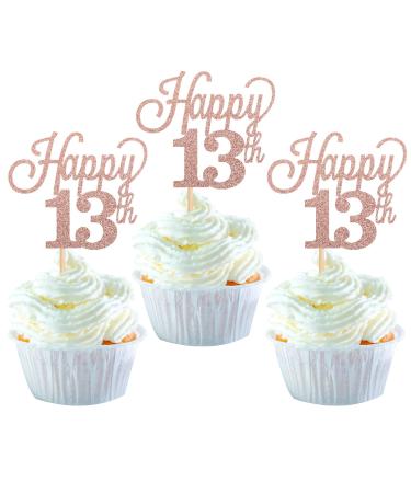 Pack of 24 13 Cupcake Toppers Glitter "Happy 13th Birthday" Cake Toppers Number 13 Eightteen Sweet 13 Birthday Wedding Anniversary Party Cake Decorations Accessories Rose Gold