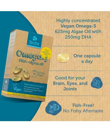 Testa Omega-3 Algae Oil Capsules - Vegan 250mg DHA Supplement - Plant Based, Pure & Healthier Than Fish Oil - 60ct - Buy Online on GoSupps.com