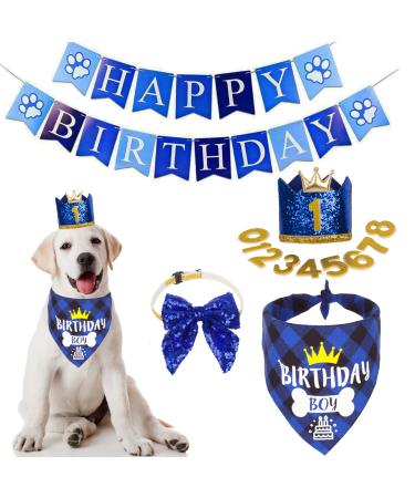 ADOGGYGO Dog Birthday Hat Bandana - Dog Birthday Party Supplies Birthday Dog Hat with Numbers Dog Scarf Bow and Happy Birthday Banner Set