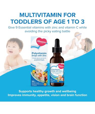 Allmoms - Polyvitamin Drops with Zinc 50ml - 9 Essential Vitamins and Minerals for Healthy Growth and Development in Toddlers - Immunity Boost Appetite Vision Care and Brain Health - 1 to 3 Years - Buy Online on GoSupps.com