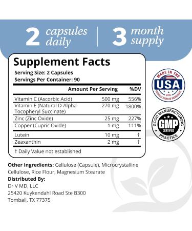 DrVmd Macular Control AREDS 2 Eye Health Vitamins with Lutein & Zeaxanthin (3 Month Supply) Doctor Formulated with 25 mg Zinc Vitamins C & Natural Vitamin E - Buy Online on GoSupps.com