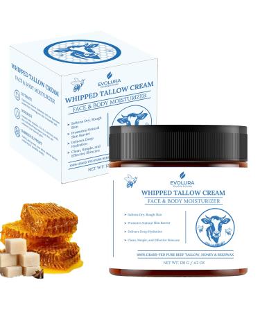 EVOLURA Grass-Fed Beef Tallow Honey Balm Whipped Moisturizer with Honey Shea Butter & Vitamin E Facial Moisturizer & Body Lotion for Dry and Sensitive Skin 4.2oz