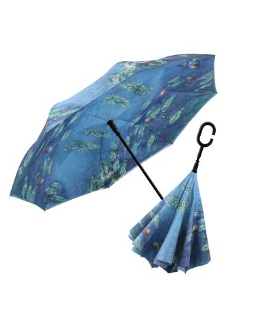 RainCaper Reverse Inverted (inside-out) Windproof Museum Monet Water Lilies Reverse-opening Upside Down Umbrella with C-shaped Handsfree Handle Claude Monet Water Lilies