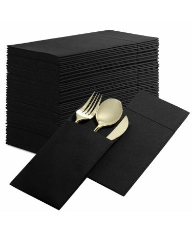 Disposable Linen-Feel Dinner Napkins with Built-in Flatware Pocket, 50-Pack BLACK Prefolded Cloth Like Paper Napkins For Dinner, Wedding Or Party 50 Black