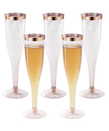 36 Pack Champagne Flutes Plastic Champagne Flutes Glass 6.5 OZ Plastic Champagne Glasses Rose Rim Disposable Champagne Flute Mimosa Wedding Party Cups Rose glitter