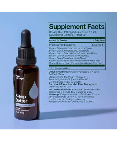 Plant Therapy Organic Sleep Better Tincture 30 mL (1 oz) Supports Relaxation & Sleep Helps Calm a Busy Mind with Chamomile Lemon Balm & Valerian Extracts - Buy Online on GoSupps.com