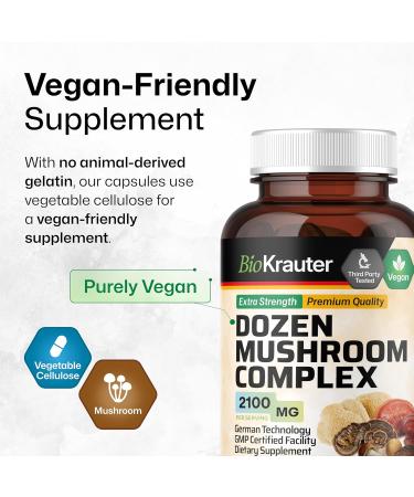 BIO KRAUTER Mushroom Complex for Immune Support 12-in-1 Lion s Mane Turkey Tail Cordyceps Chaga Maitake Reishi and More - 2100 mg per Serving 100 Caps No Fillers Non-GMO 33 Days of Supply 100 Count (Pack of 1) - Buy Online on GoSupps.com