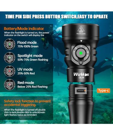 Wurkkos DL08 Dive Light 3600 Lumens Rechargeable Scuba Underwater Lights with Red and UV Light - IP68 Underwater Video with Infinite Brightness Adjustment and 5000mAh Battery for Night Diving - Buy Online on GoSupps.com