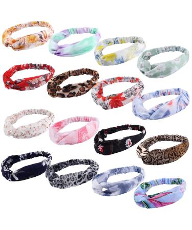 16 Pcs Headbands Knotted Elastic Head Wraps Flower Print Elastic Accessories Cute Criss Cross Hair Bands for Women and Girls