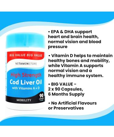 Vitamin Store Cod Liver Oil High Strength 1000mg with Vitamins A & D 90 Capsules per Tub Pack of 2 Tubs 6 Months Supply - Buy Online on GoSupps.com