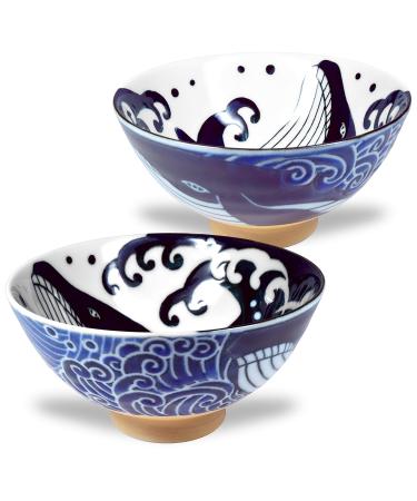 Mino Ware Japanese Rice Bowl, Rice Ramen Noodle Soup Sarada Pasta, Wave Whale Chawn, 4.6 inch 10oz Set of 2 Set of 2 Rice Bowl (4.6 in)
