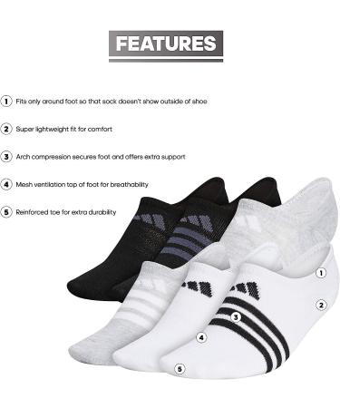 adidas Women's Superlite Super No Show Socks (6-Pack) - White/Cool Light Heather/Black, Medium Size - Buy Online on GoSupps.com
